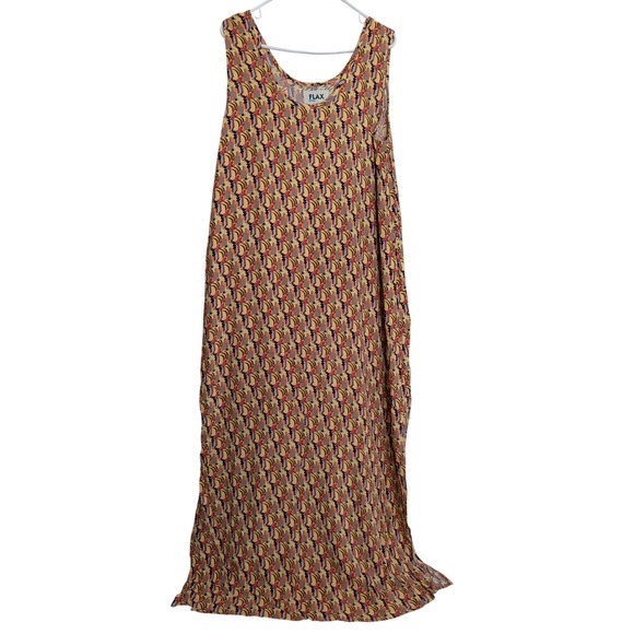 Flax Dresses & Skirts - FLAX Women Maxi Dress Large Yellow Geometric Sleeveless Rayon Slit Lagenlook